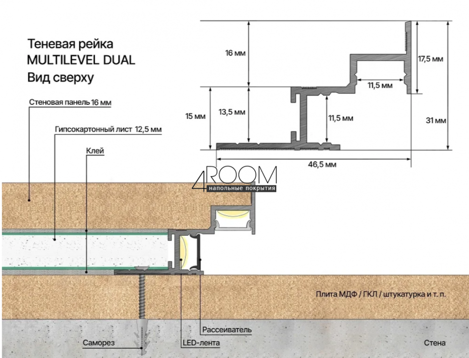 Теневая алюминиевая рейка Laconistiq MULTILEVEL DUAL, 46,7x31x3000мм, Черный анодированный