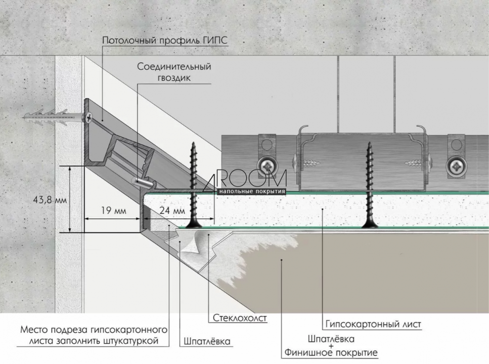 Теневой потолочный карниз под скрытую подсветку GIPS из аллюминия Laconistiq 43,8х44,1х3000мм, черный анодированный