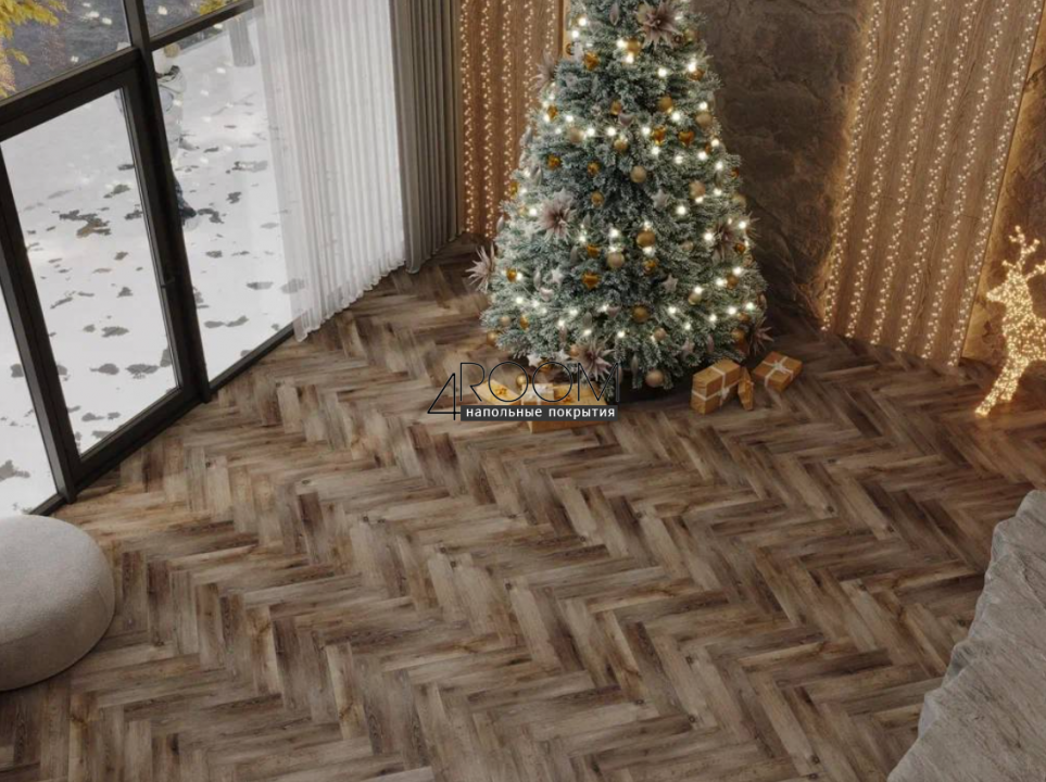 Каменно-полимерная SPC плитка CronaFloor Herringbone 4V H017 Дуб Грас, 640х128х4,5мм, 42 класс