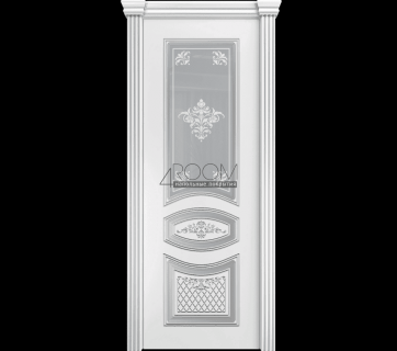 Межкомнатная дверь ЭЛИНА Белая эмаль с серебряной патиной, со стеклом