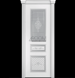 Межкомнатная дверь ВЕНЕЦИЯ Белая эмаль с серебряной патиной, со стеклом
