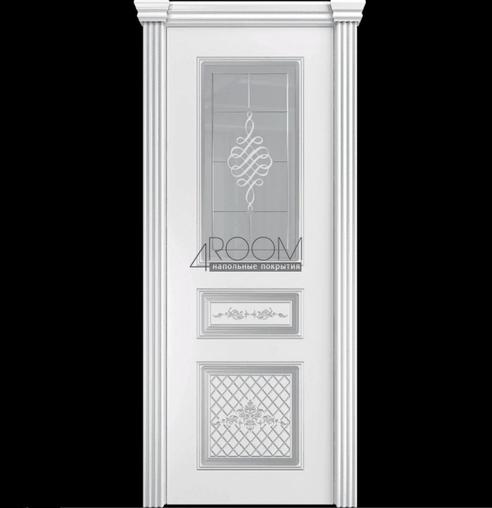 Межкомнатная дверь ВЕНЕЦИЯ Белая эмаль с серебряной патиной, со стеклом