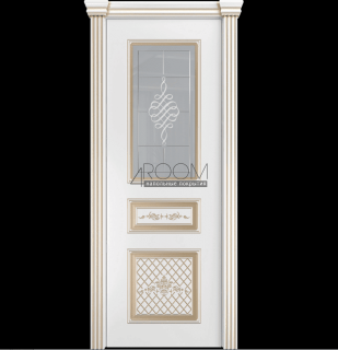 Дверное полотно со стеклом белое матовое с рисунком и гравировкой