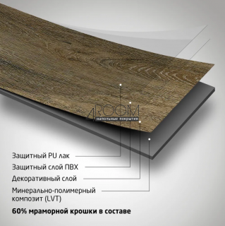 Кварц-виниловая клеевая плитка BerryAlloc Spirit Home 30 GD MOUNTAIN BROWN, (1219,2x184,1 мм; 2 мм/0,3 мм)