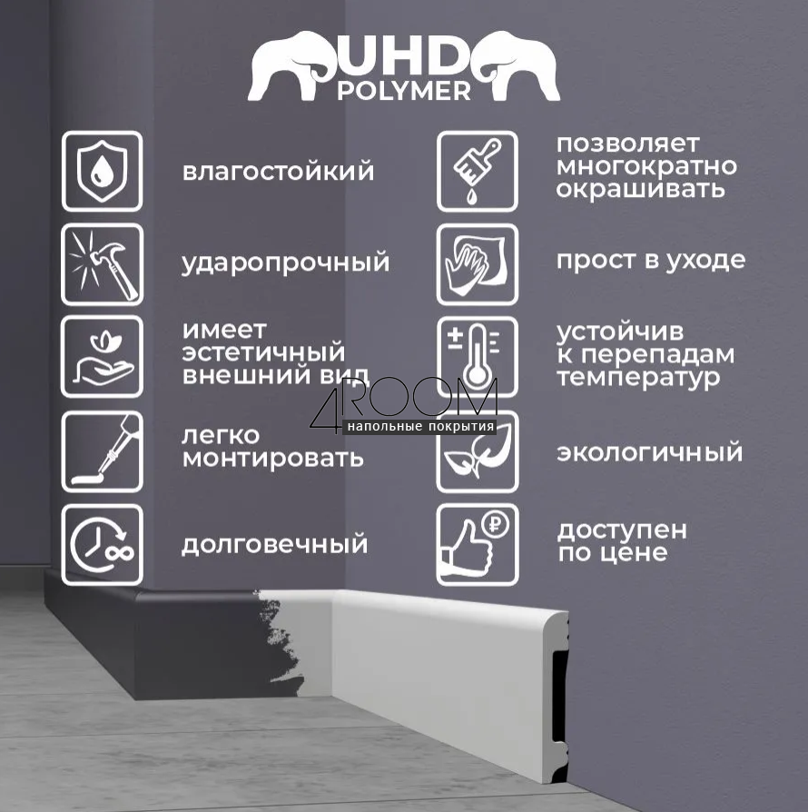 Плинтус из полимера ультравысокой плотности под покраску Solid 1UHD 05/80, 80х13х2000мм