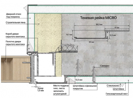 Теневая алюминиевая рейка Laconistiq MICRO (Скрытый наличник), 93х15х7х1000мм, Серый муар (RAL 9006)