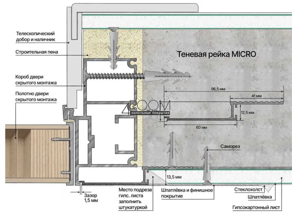 Теневая алюминиевая рейка Laconistiq MICRO (Скрытый наличник), 93х15х7х3000мм, Белый муар (RAL 9005)