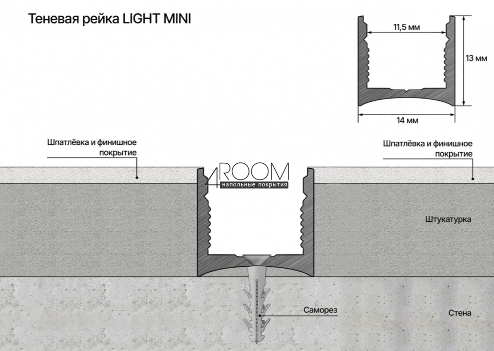 Теневая алюминиевая рейка Laconistiq LIGHT mini ПОД ПОДСВЕТКУ для обоев, панелей, керамогранита, 14х13х3000мм, черный анодированный