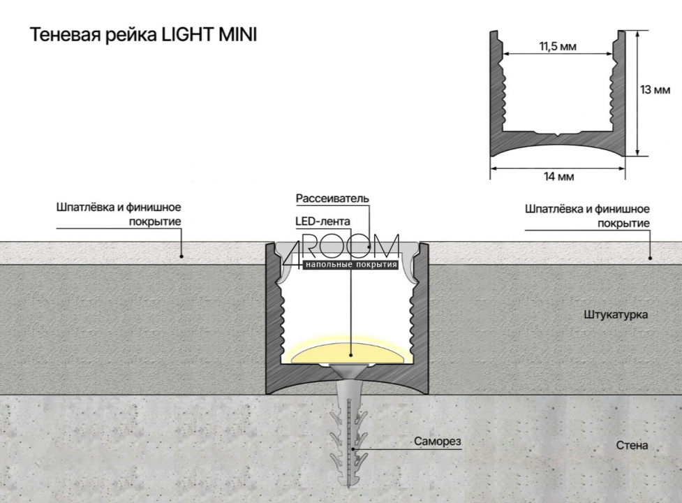 Защелка для теневой алюминиевой рейки Laconistiq LIGHT mini ПОД ПОДСВЕТКУ для обоев, панелей, керамогранита, 14х13х3000мм, черный анодированный
